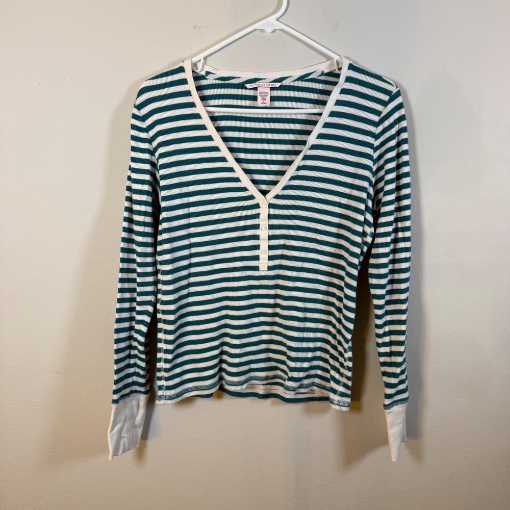 Victorias Secret Teal Green Striped Thermal Waffle‎ Knit Henley Pajama Top M